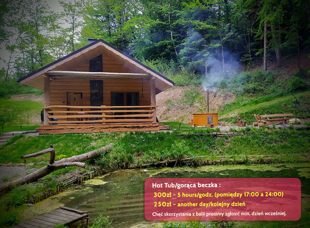 Widok domku, ruskiej bani oraz miejsca na grill i ognisko.